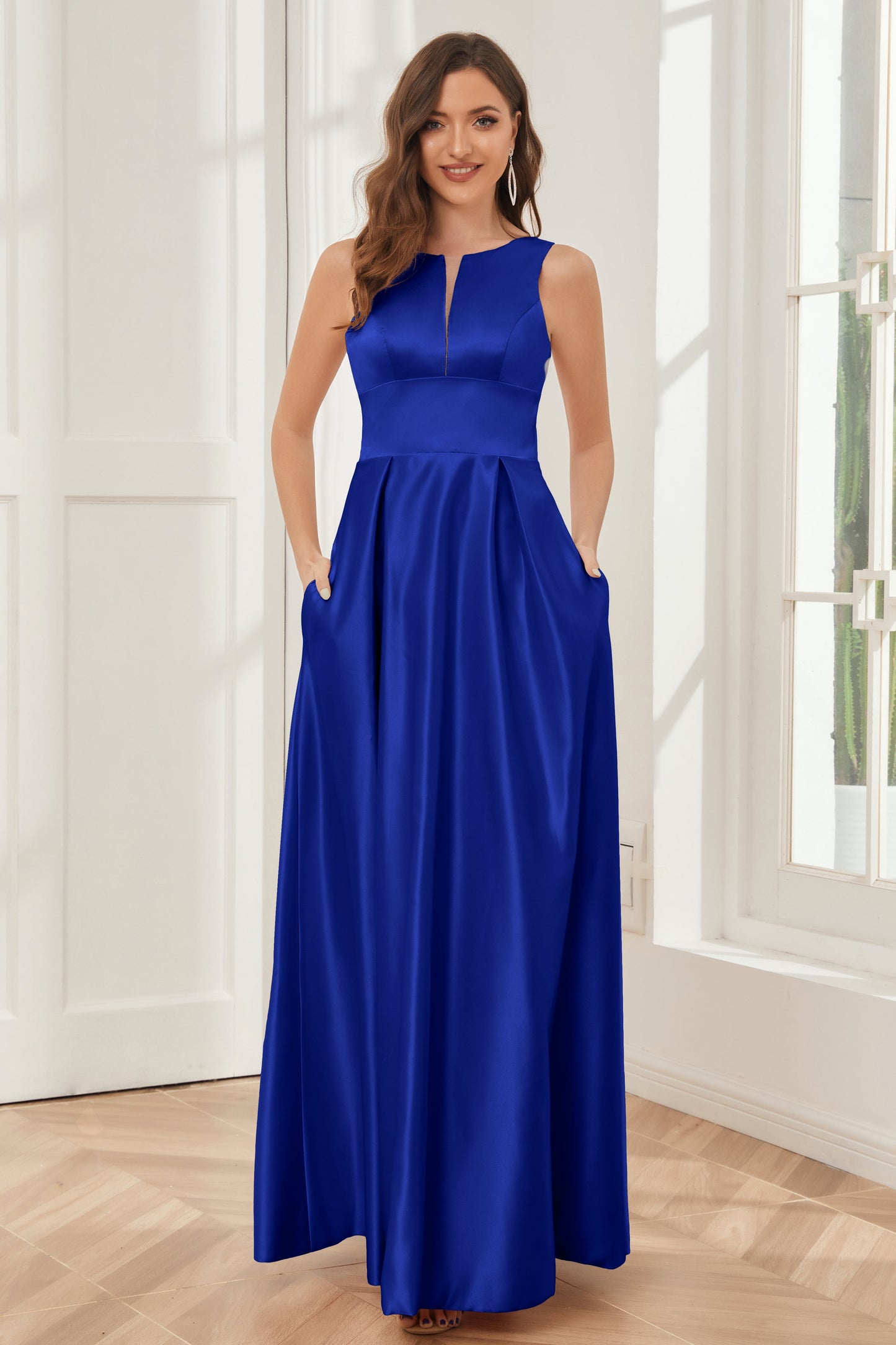 A-line Sleeveless Satin Long Bridesmaid Dresses with Pockets