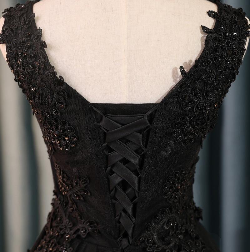 Black V Neck Cute A-Line Appliques Sleeveless Tulle Lace Beading Short Homecoming Dress JS189