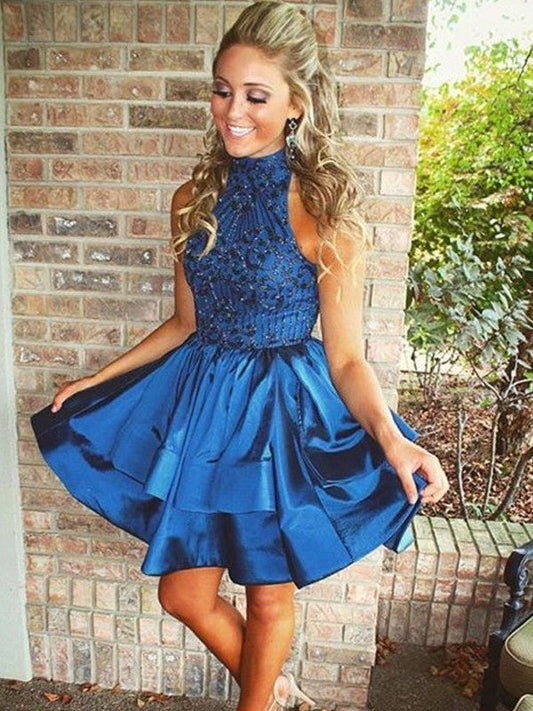 A-Line Princess Sleeveless Haylee Homecoming Dresses High Neck Beading Taffeta Short