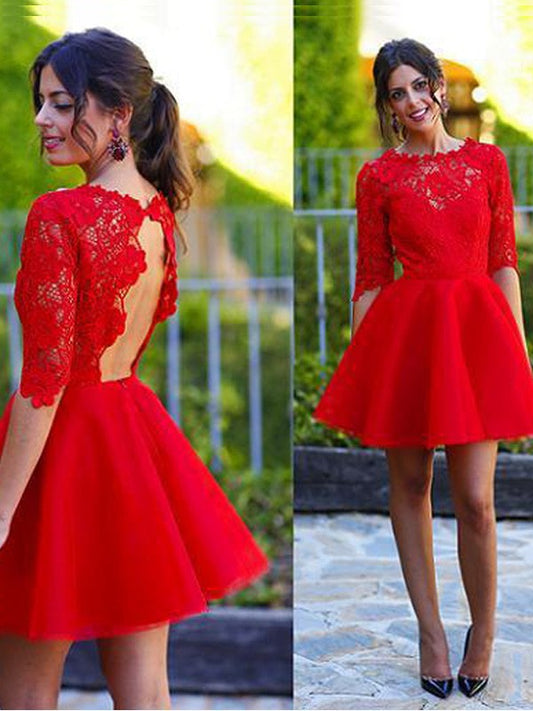 A-Line Princess Scoop 1/2 Joanne Homecoming Dresses Lace Sleeves Short