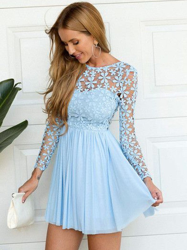 Lace Chiffon Jenna Homecoming Dresses A-Line Princess Scoop Long Sleeves Short