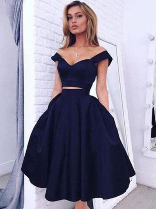 A-Line Princess Off-The-Shoulder Sleeveless Knee-Length Taffeta Lillie Homecoming Dresses Two Piece