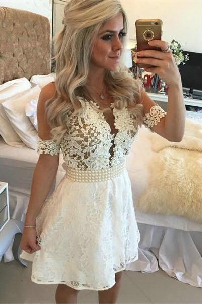 White Lace Beading A-Line Short Lace Formal Dress For Teens V-Neck Homecoming Dress JS531