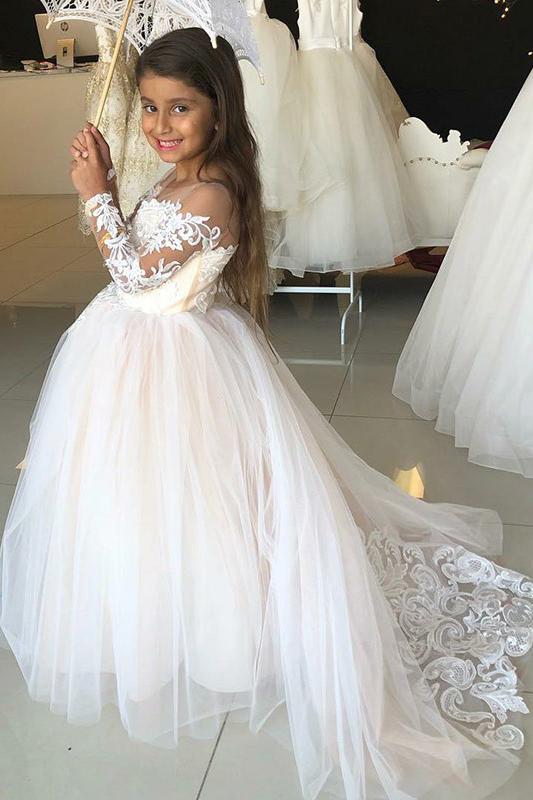 Princess A-Line Round Neck Tulle Long Sleeves Bowknot Flower Girl Dress with Appliques JS797