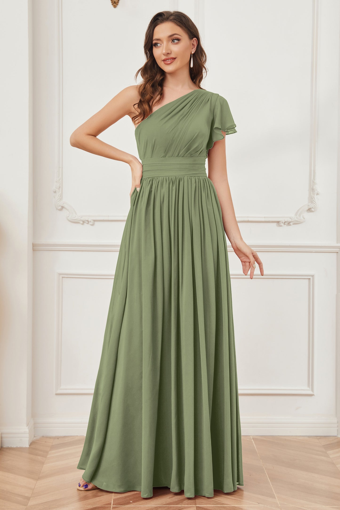 One Shoulder Chiffon Long Bridesmaid Dresses