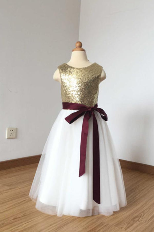 A Line Simple Light Gold Sequin Ivory Tulle Scoop Flower Girl Dress with Burgundy Sash JS774