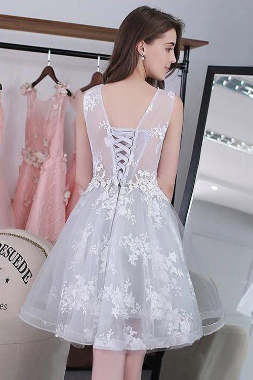 Knee-length Sleeveless Short Cute A-line Lace Appliques Tulle Homecoming Graduation Dress JS252