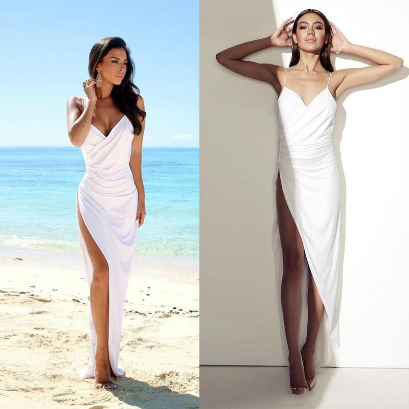 Simple Sexy Open Back Beach Side Slit Spaghetti Straps Summer White Wedding Dresses JS22