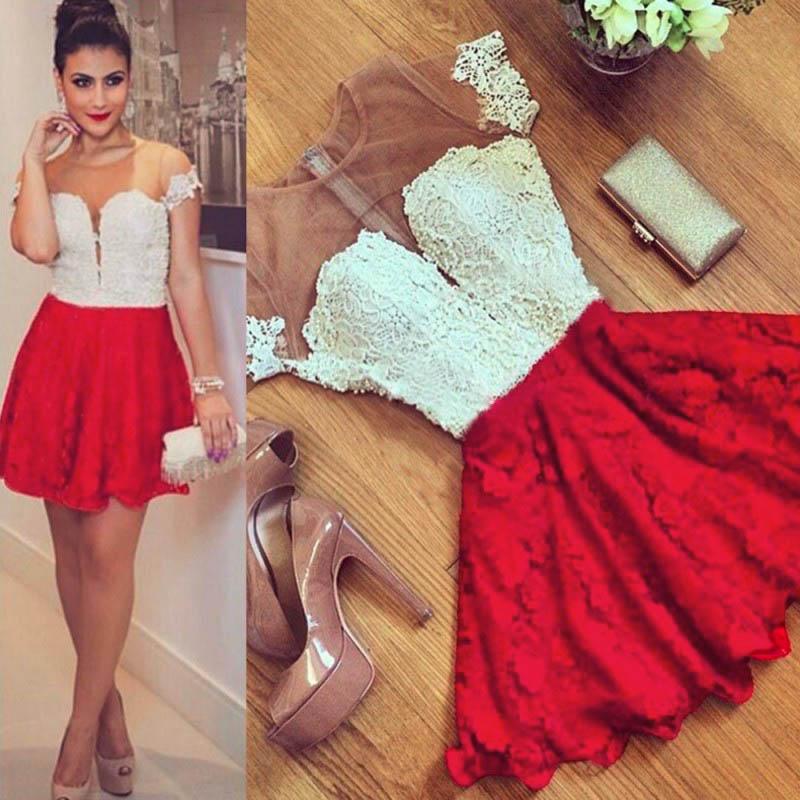 Cute Red Lace Short Sleeve Knee Length Homecoming Dress Cheap Cocktail Dresses JS470