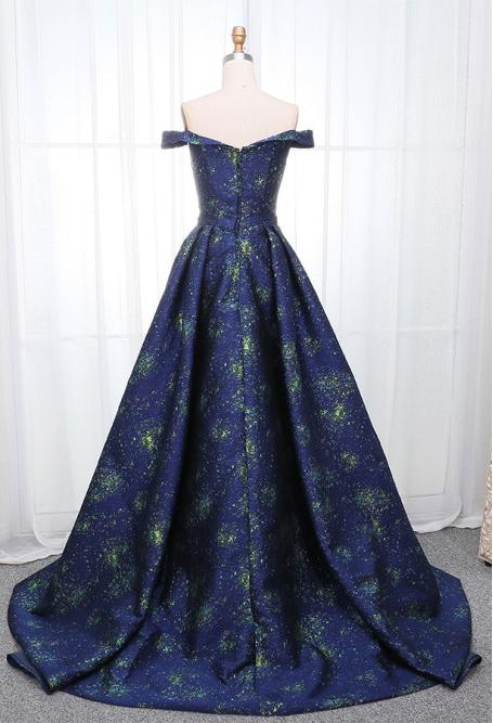 A Line Off the Shoulder Long Navy Blue Prom Dress with Printed Cheap Evening Dresses JS847