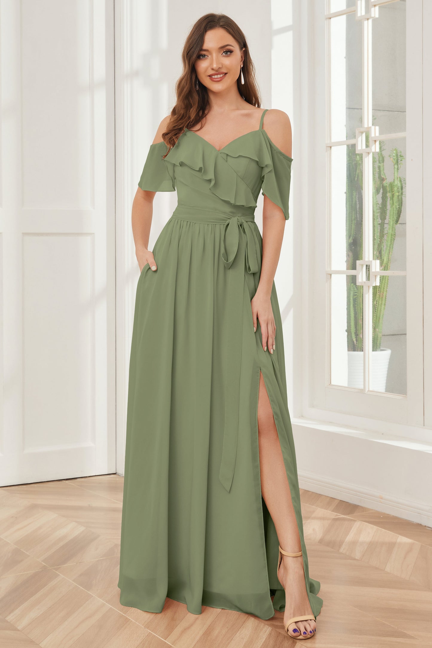 Off the Shoulder Ruffles Chiffon Bridesmaid Dresses with Slit