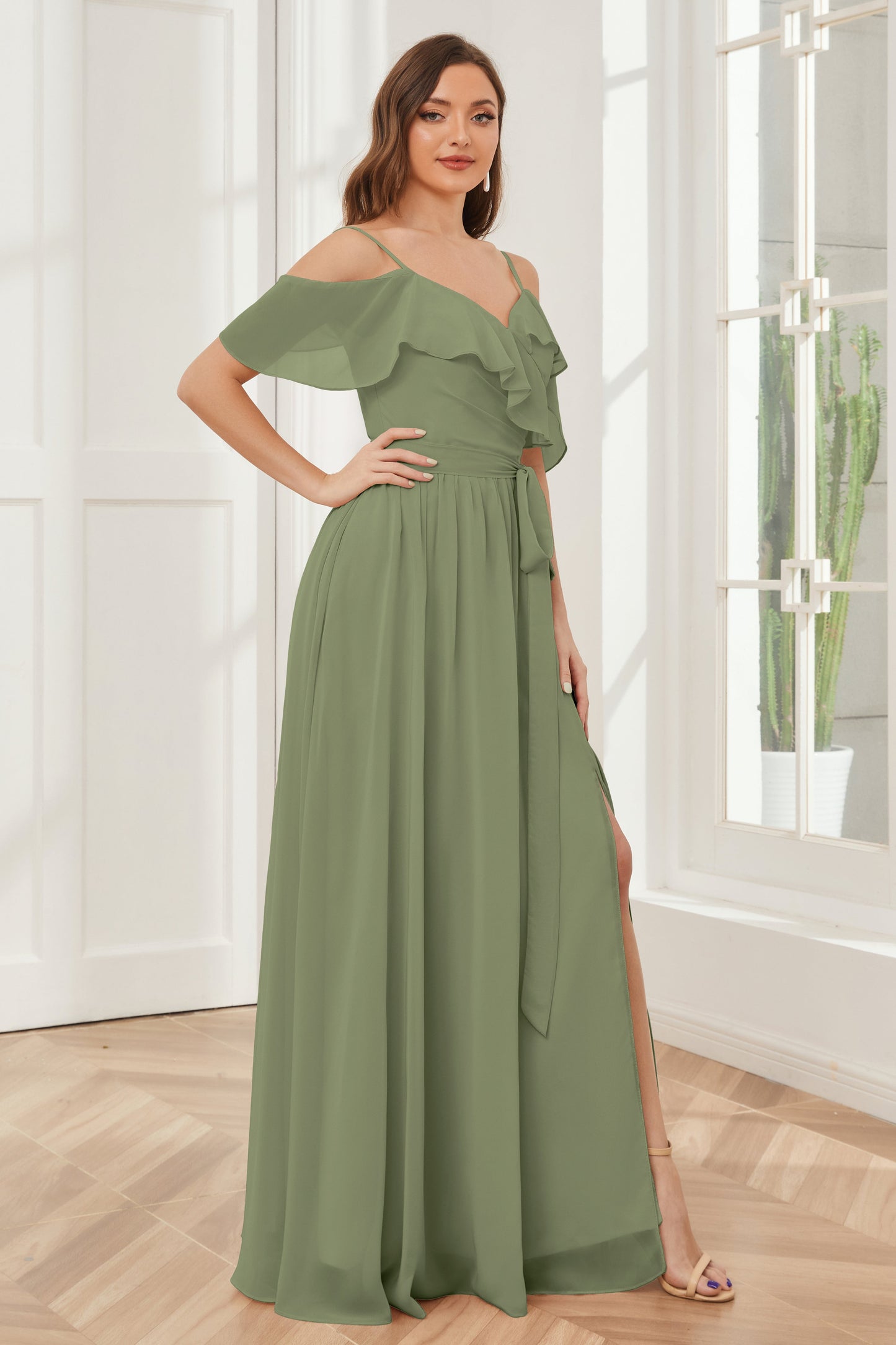 Off the Shoulder Ruffles Chiffon Bridesmaid Dresses with Slit