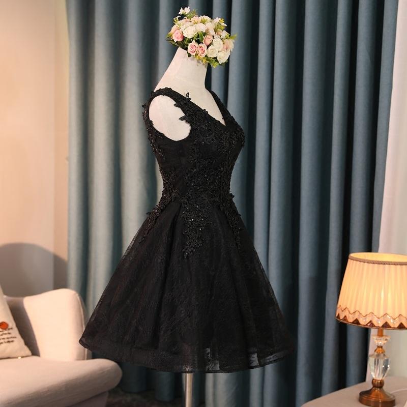 Black V Neck Cute A-Line Appliques Sleeveless Tulle Lace Beading Short Homecoming Dress JS189