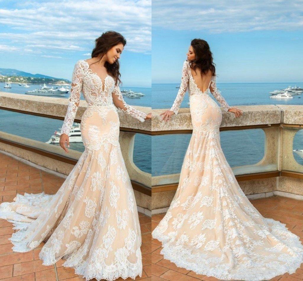 2024 White Lace Mermaid Deep V-Neck Backless Long Sleeve Wedding Dresses JS835