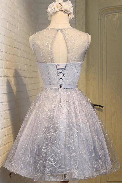 Cute Silver A Line See Through Scoop Organza Top Cheap Lace up Homecoming Dresses JS866