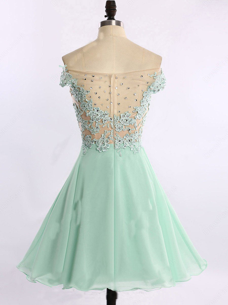 Short Chiffon Tulle Appliques Lace Beads Cute Off the Shoulder Green Homecoming Dresses JS740