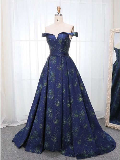 A Line Off the Shoulder Long Navy Blue Prom Dress with Printed Cheap Evening Dresses JS847