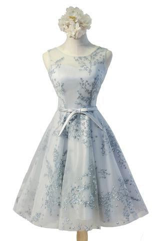 Vintage Sleeveless Round Neck Keyhole Lace up Back Bow Sash Printing Tulle Homecoming Dress P11